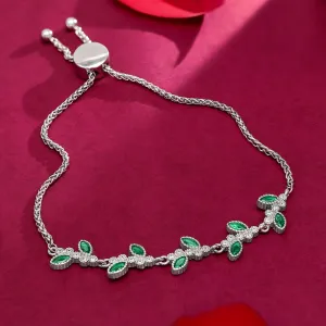 Silver Green Floral Leaf  925 Sterling Silver Bracelet