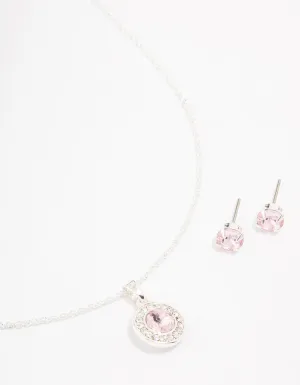 Silver Round Diamante Pink Halo Jewellery Set