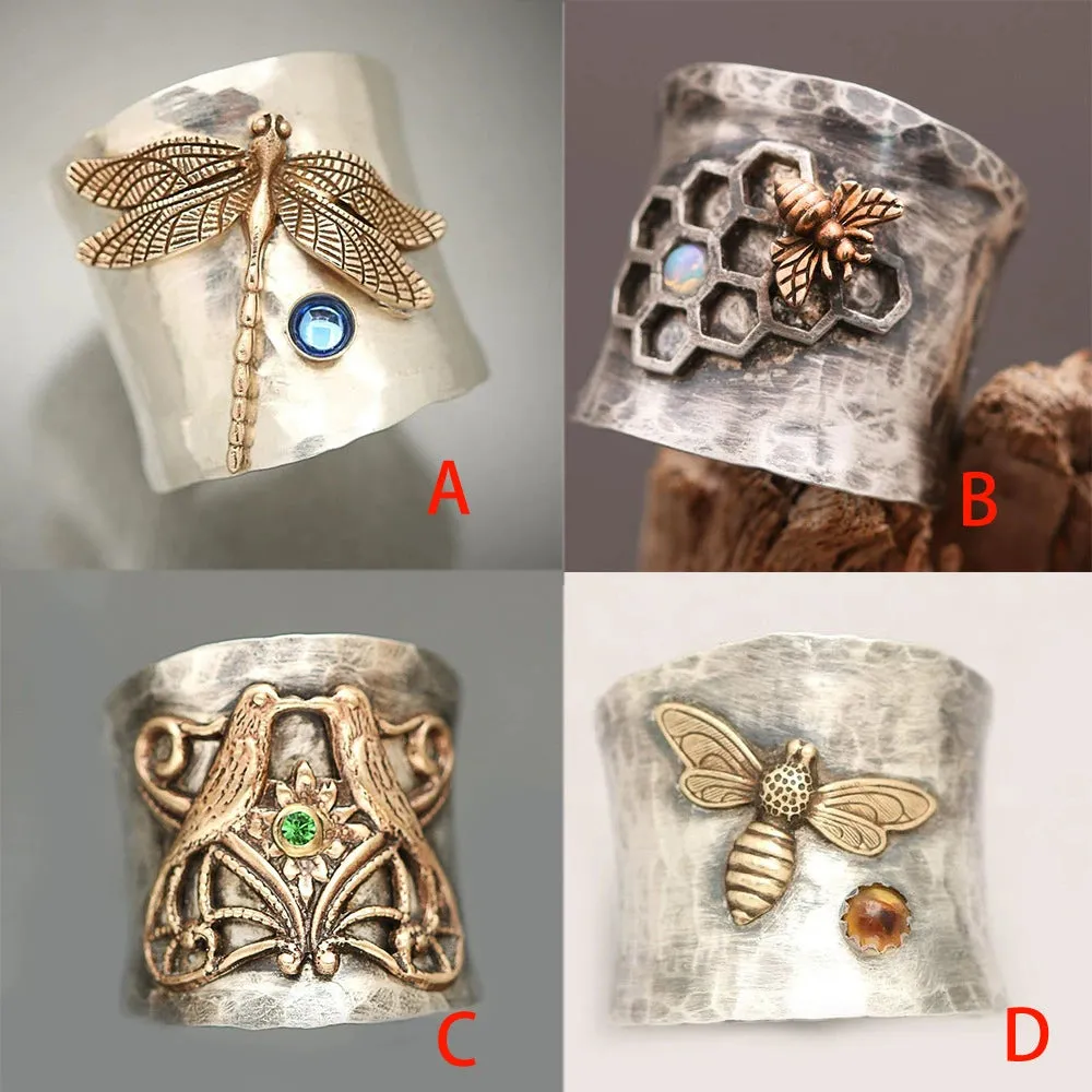 Silver Vintage Dragonfly, Bee, Magpie Silver Cuff Rings, Boho Rings, Bohemian Jewelry