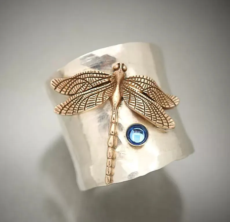 Silver Vintage Dragonfly, Bee, Magpie Silver Cuff Rings, Boho Rings, Bohemian Jewelry
