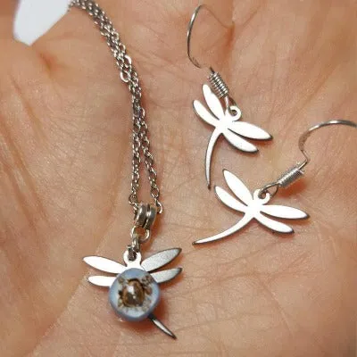 Small Dragonfly set.  Drop  earrings and necklace. Recycled fused glass mauve and brown. Minimalist, tiny and ecofriendly. Dainty