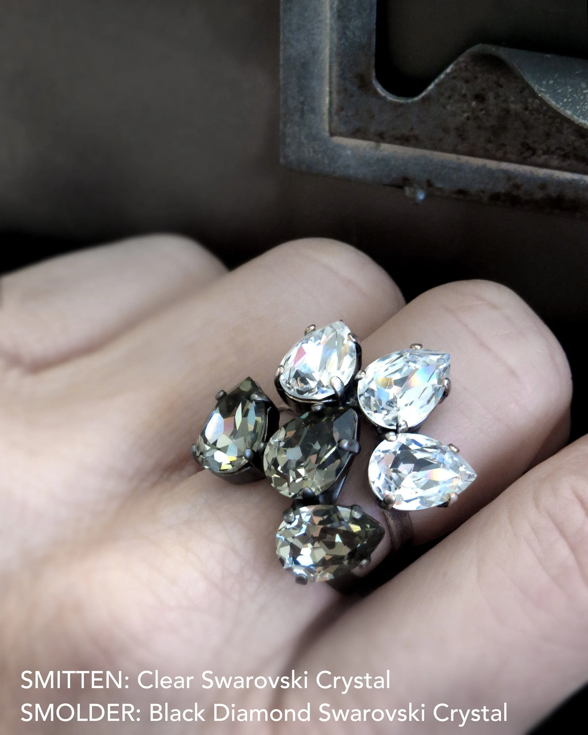 SMOLDER - Black Diamond Teardrop Trio Clear Crystal Ring