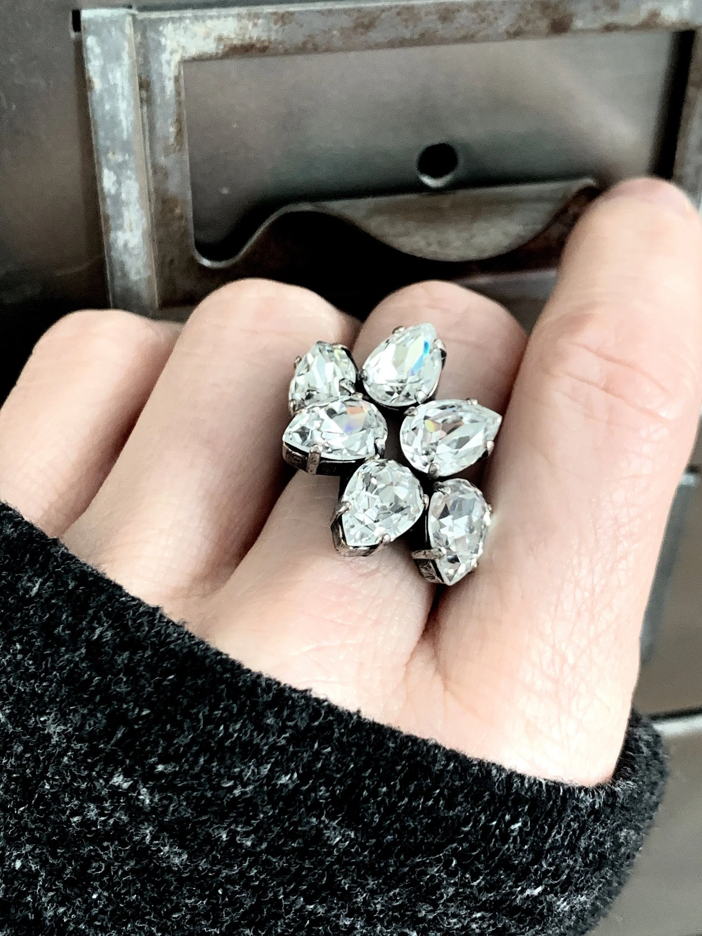 SMOLDER - Black Diamond Teardrop Trio Clear Crystal Ring