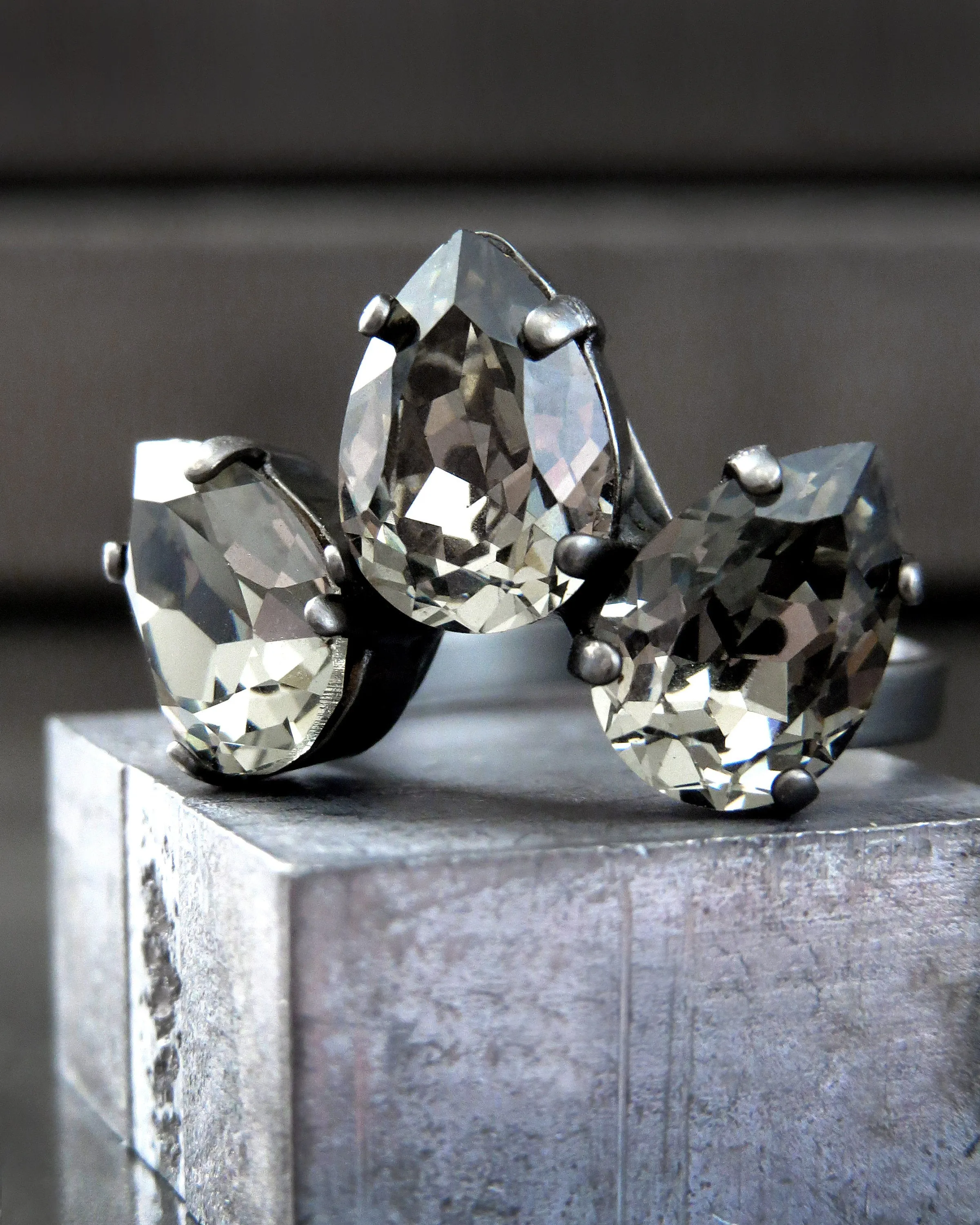 SMOLDER - Black Diamond Teardrop Trio Clear Crystal Ring