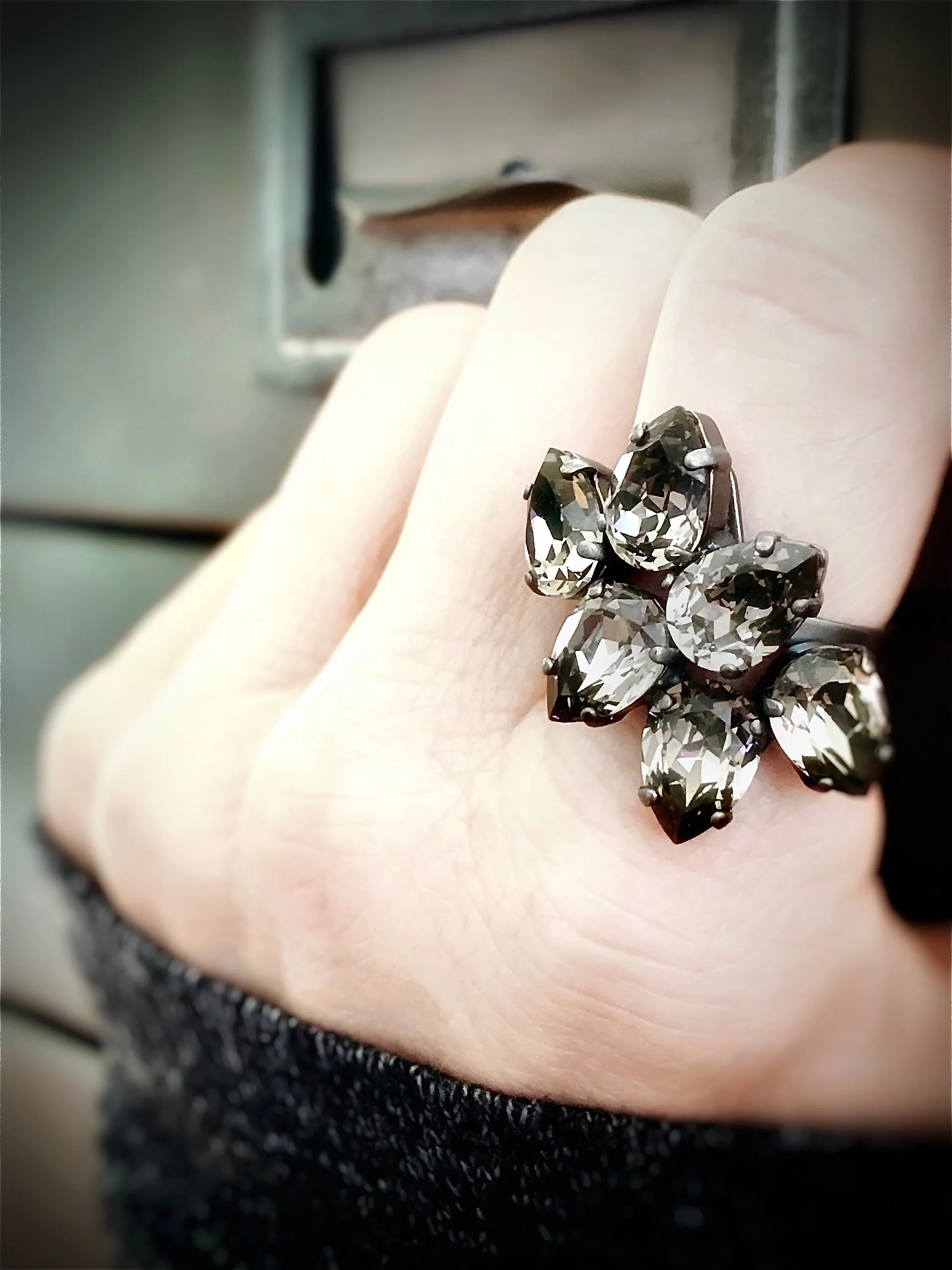 SMOLDER - Black Diamond Teardrop Trio Clear Crystal Ring
