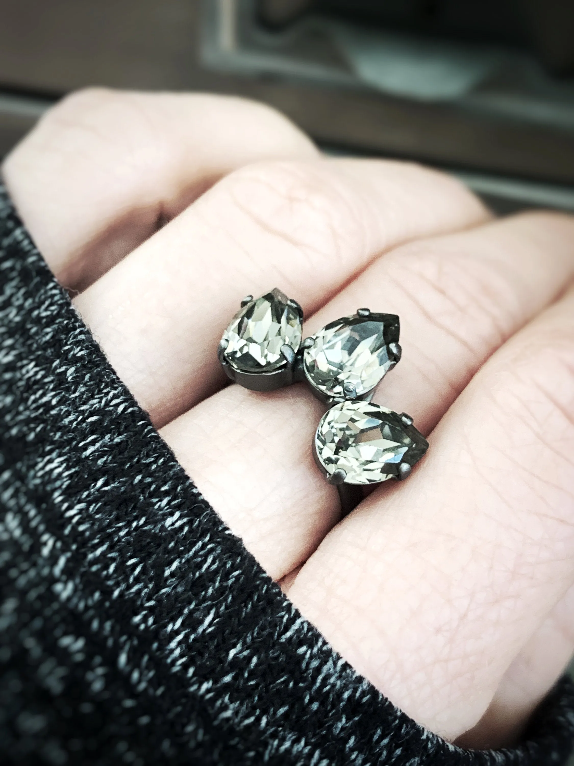 SMOLDER - Black Diamond Teardrop Trio Clear Crystal Ring