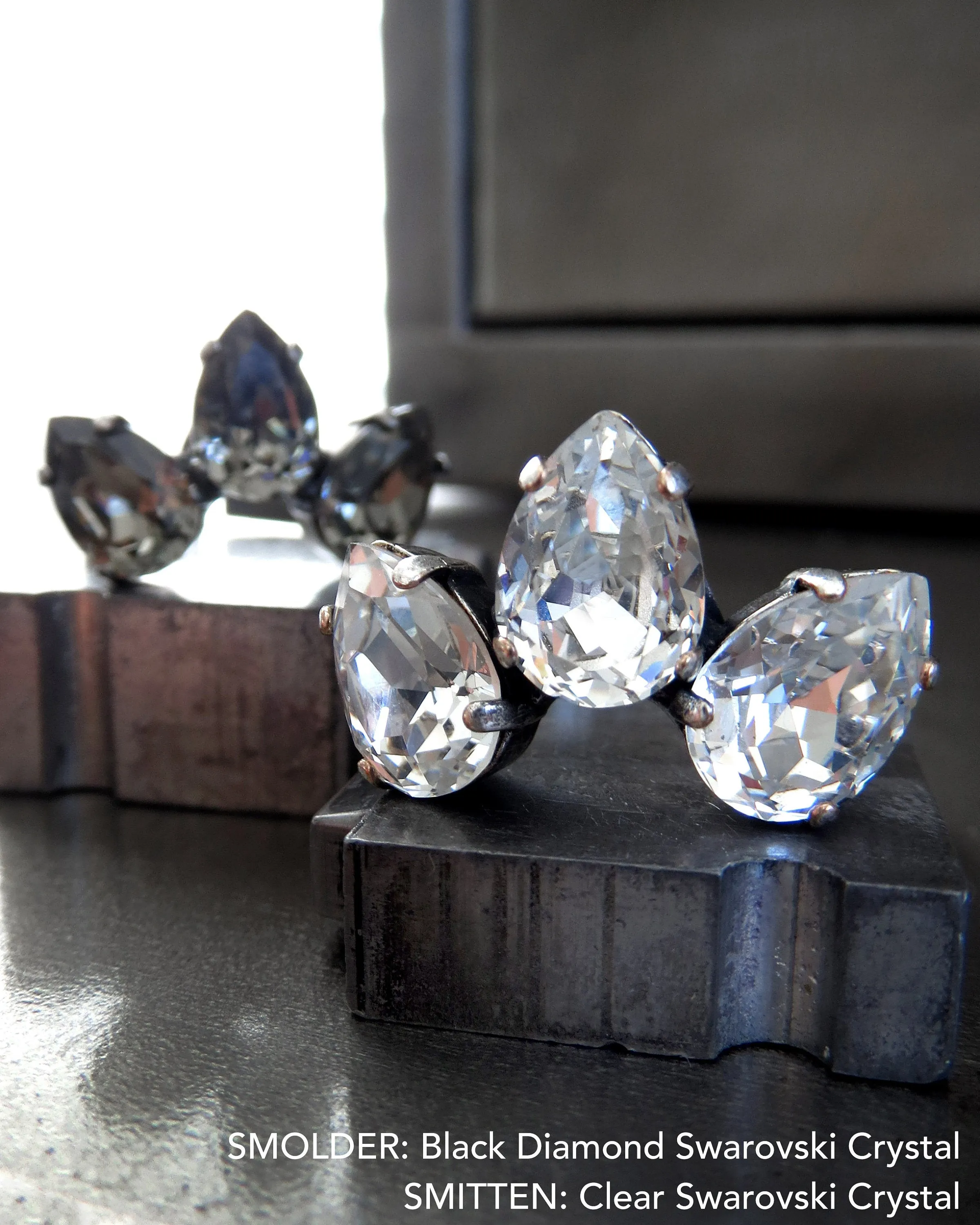 SMOLDER - Black Diamond Teardrop Trio Clear Crystal Ring