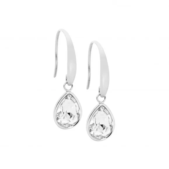 Stainless Steel Tear Drop Earrings With Clear Glass SE180W-S