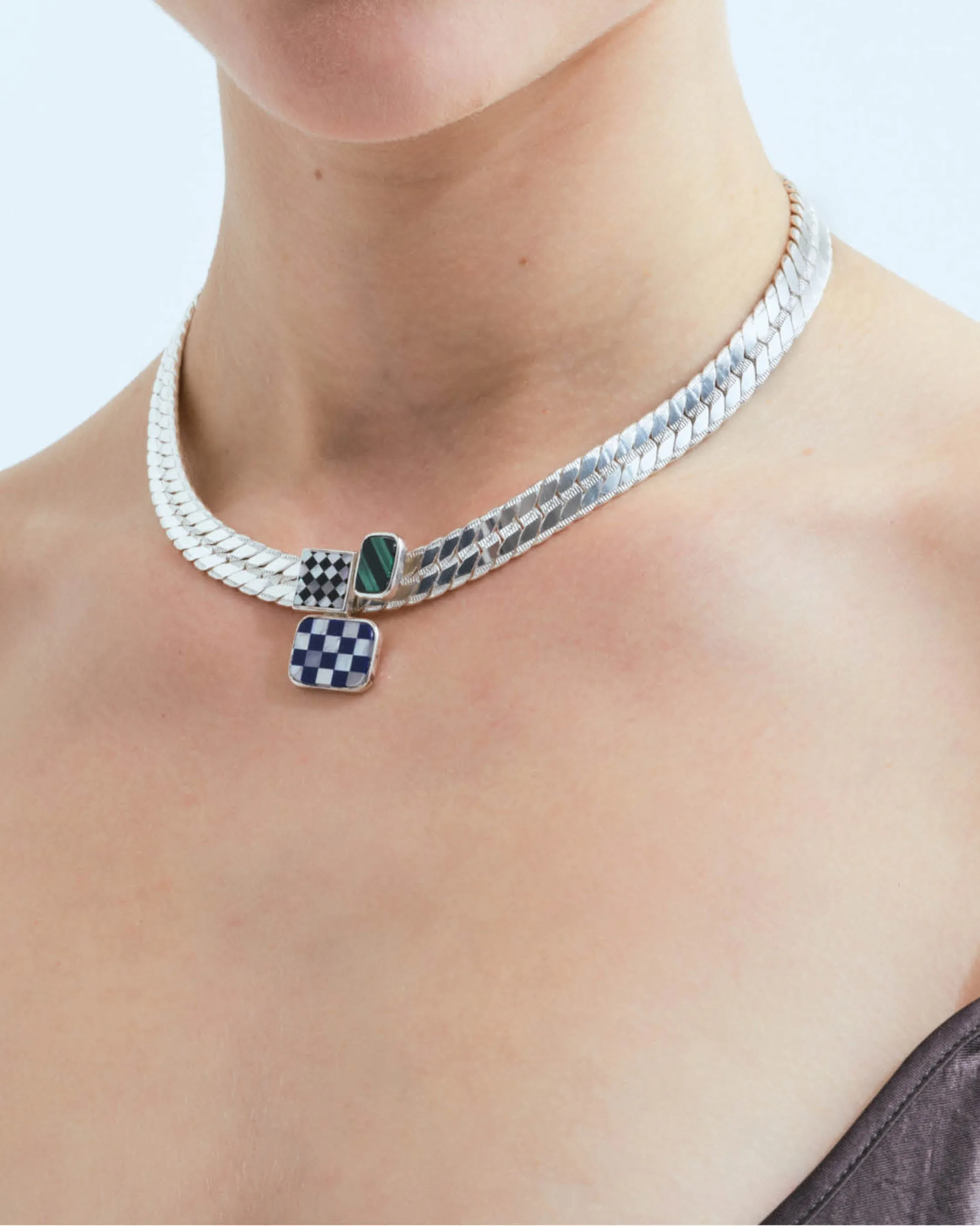 Statement chain necklace with composition of three mosaics