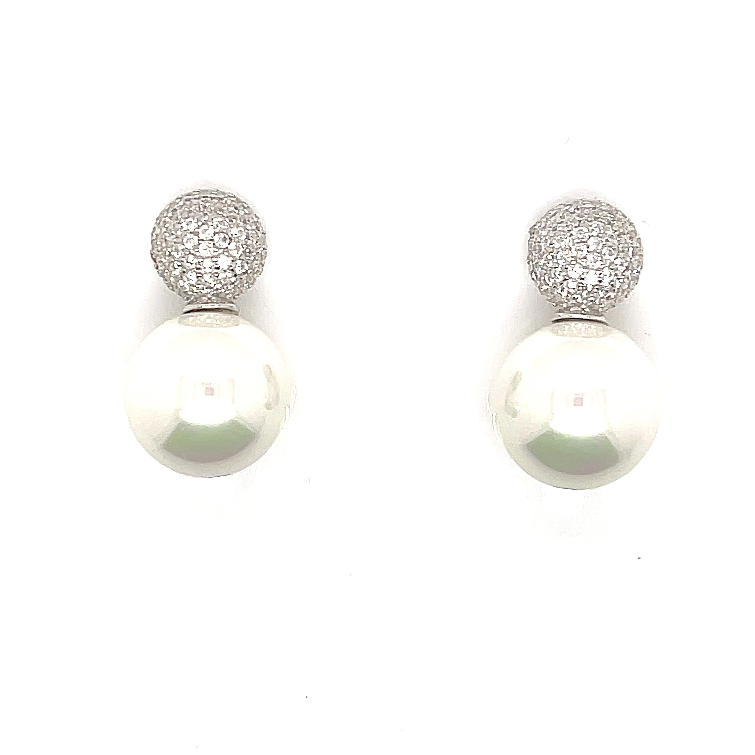 Sterling Silver Pave' Dome Faux Pearl drop Earrings