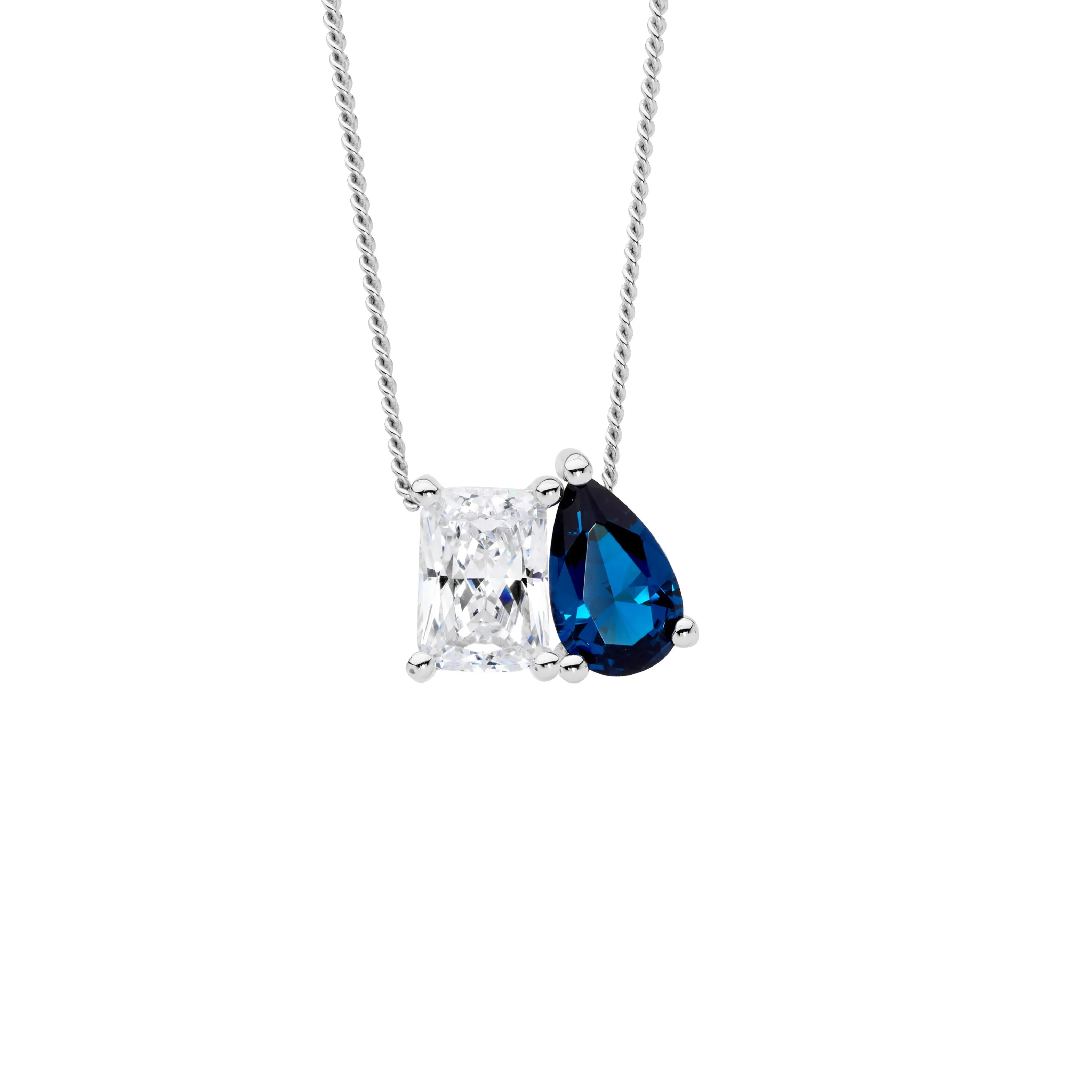 Sterling Silver 'Toi Et Moi' Pendant with Blue and Clear Cubic Zirconia P887LB