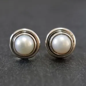 Timeless Round Pearl Stud Earrings, 925 Sterling Silver, S16PL