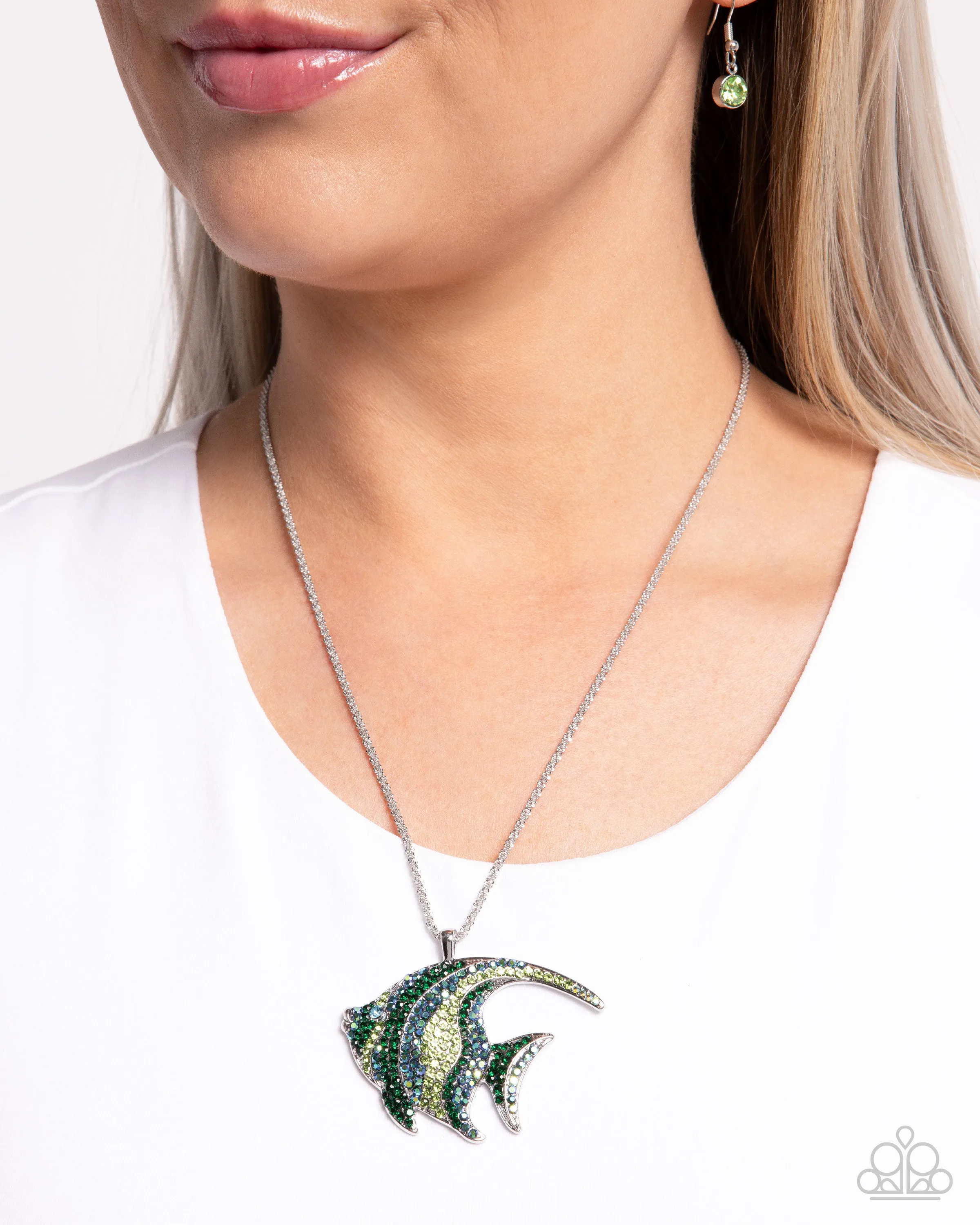 Tropical Talent - Green - Blue, Black, and Iridescent Rhinestone Encrusted Fish Paparazzi Short Necklace