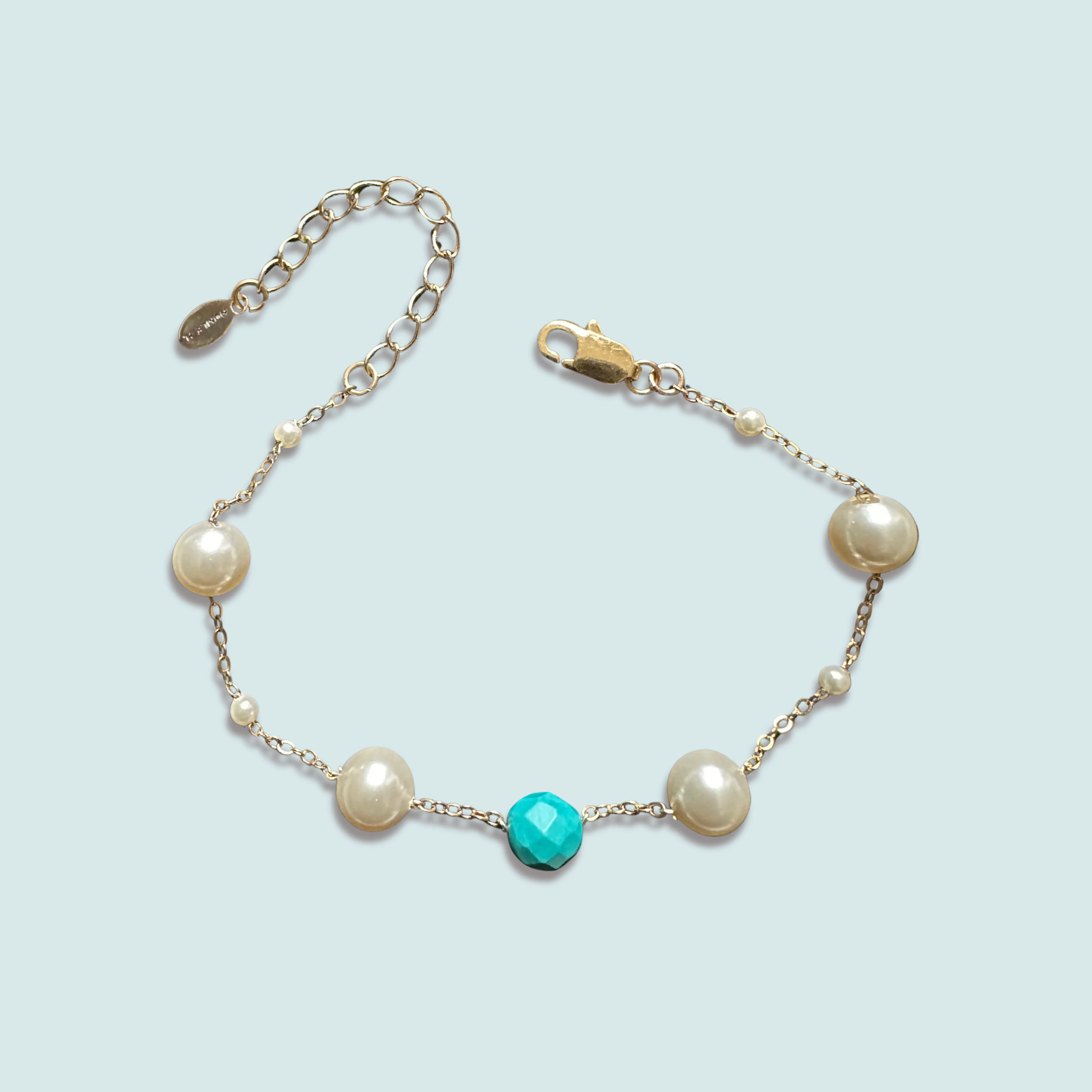 Turquoise Gemstone & Swarovski Pearls Adjustable Bracelet For Women 61/2 -81/2 Inches.