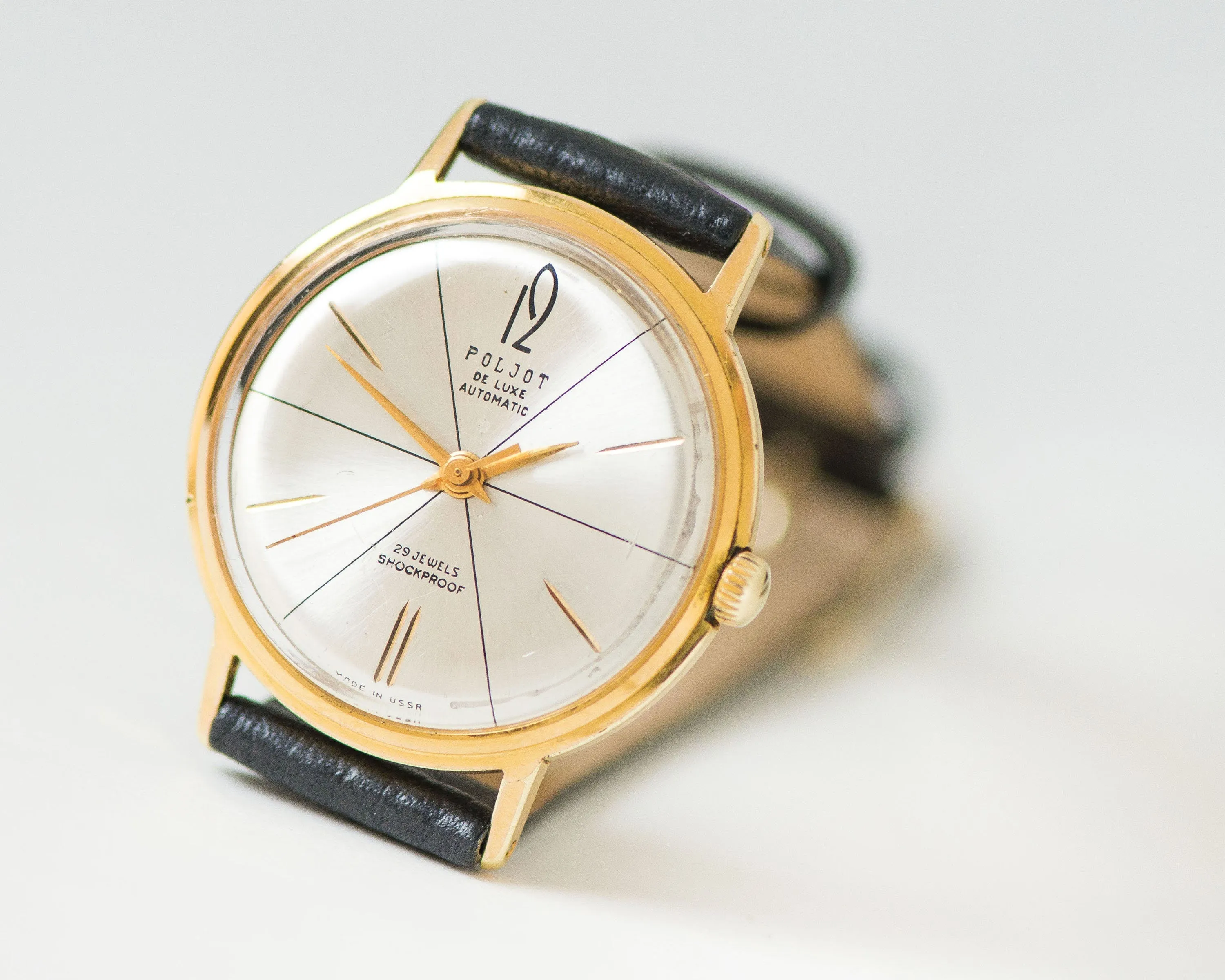 Unisex watch automatic Poljot de Luxe, self winding men watch gold plated AU 20 shockproof unisex watch water resist new luxury leather band