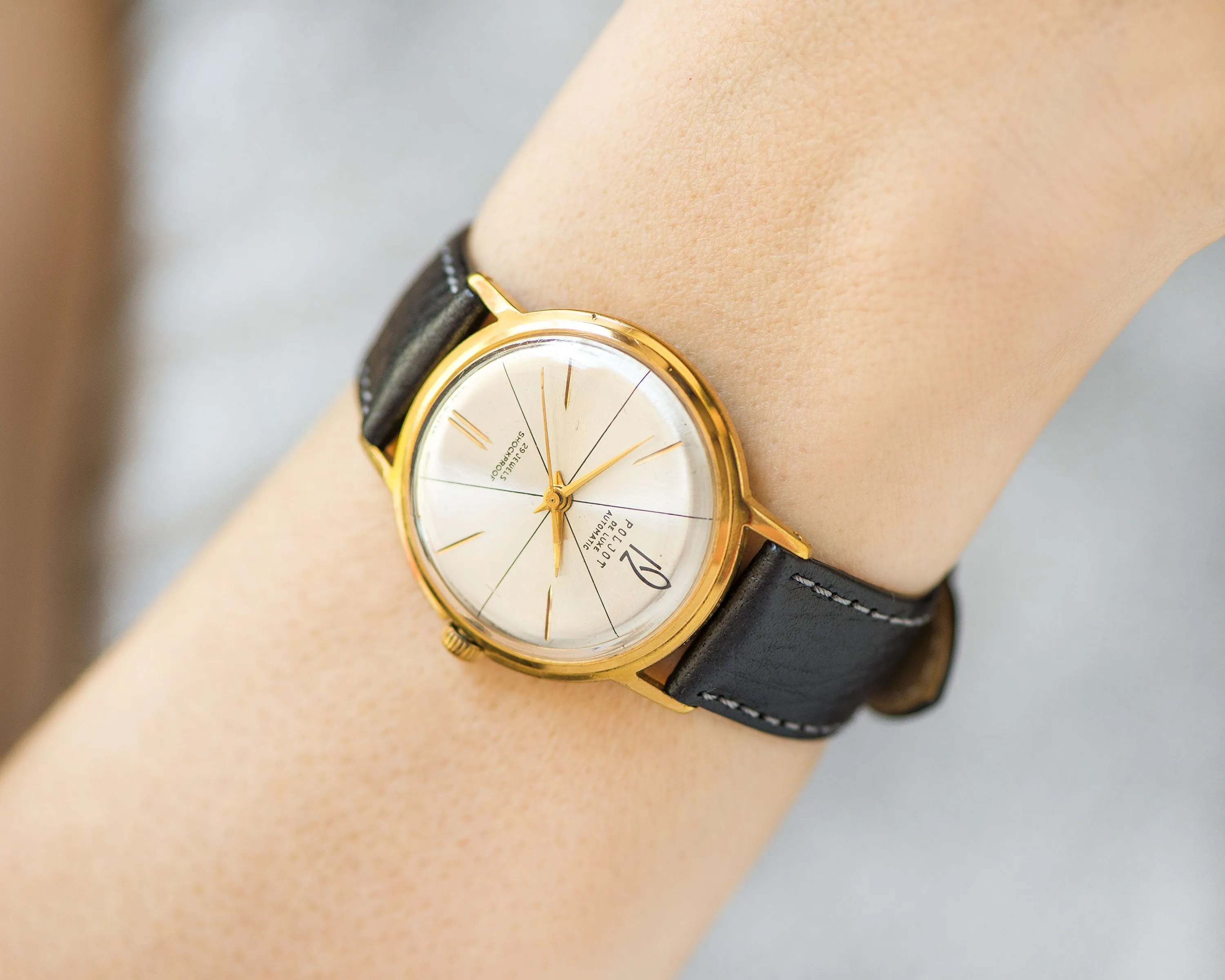 Unisex watch automatic Poljot de Luxe, self winding men watch gold plated AU 20 shockproof unisex watch water resist new luxury leather band