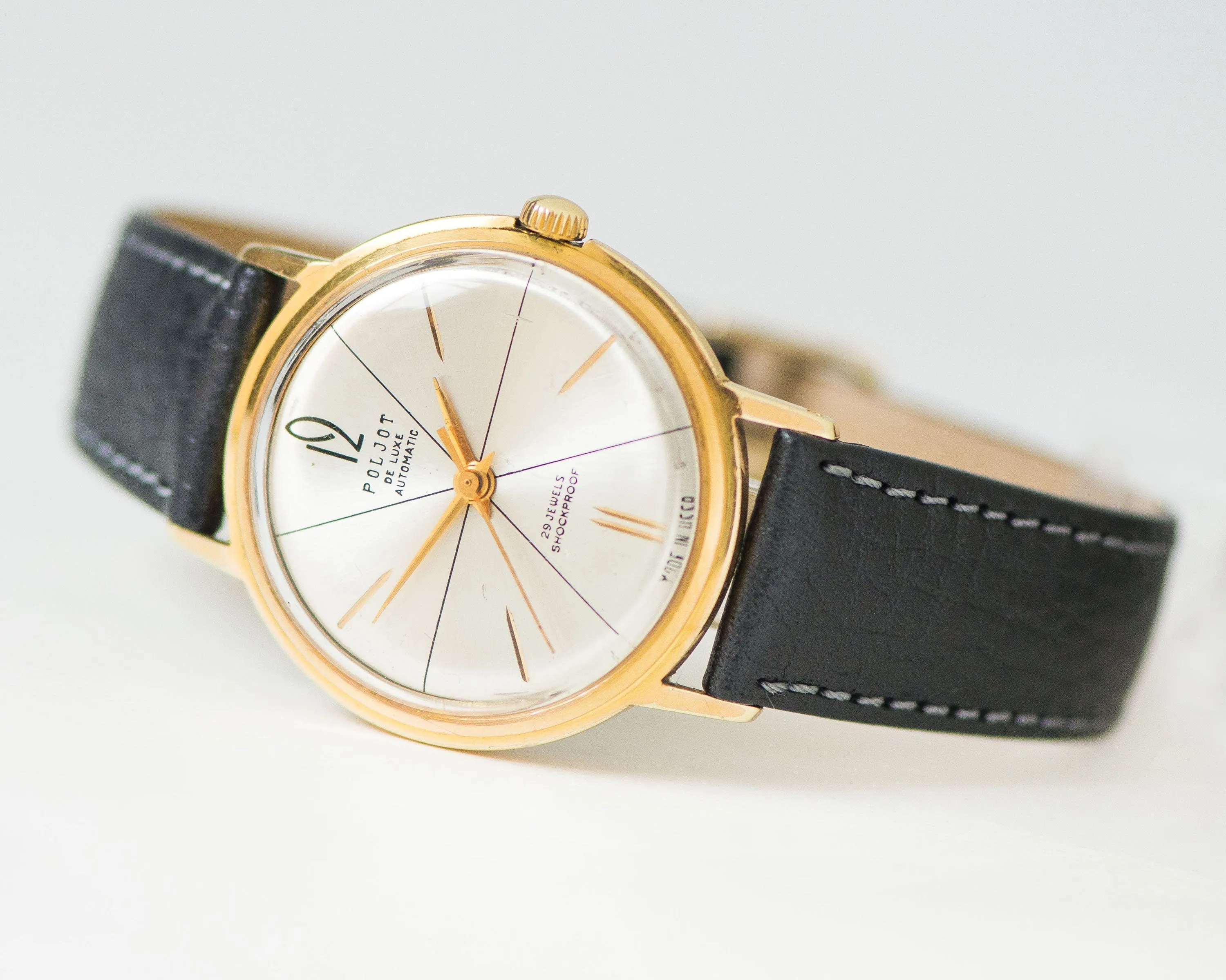 Unisex watch automatic Poljot de Luxe, self winding men watch gold plated AU 20 shockproof unisex watch water resist new luxury leather band