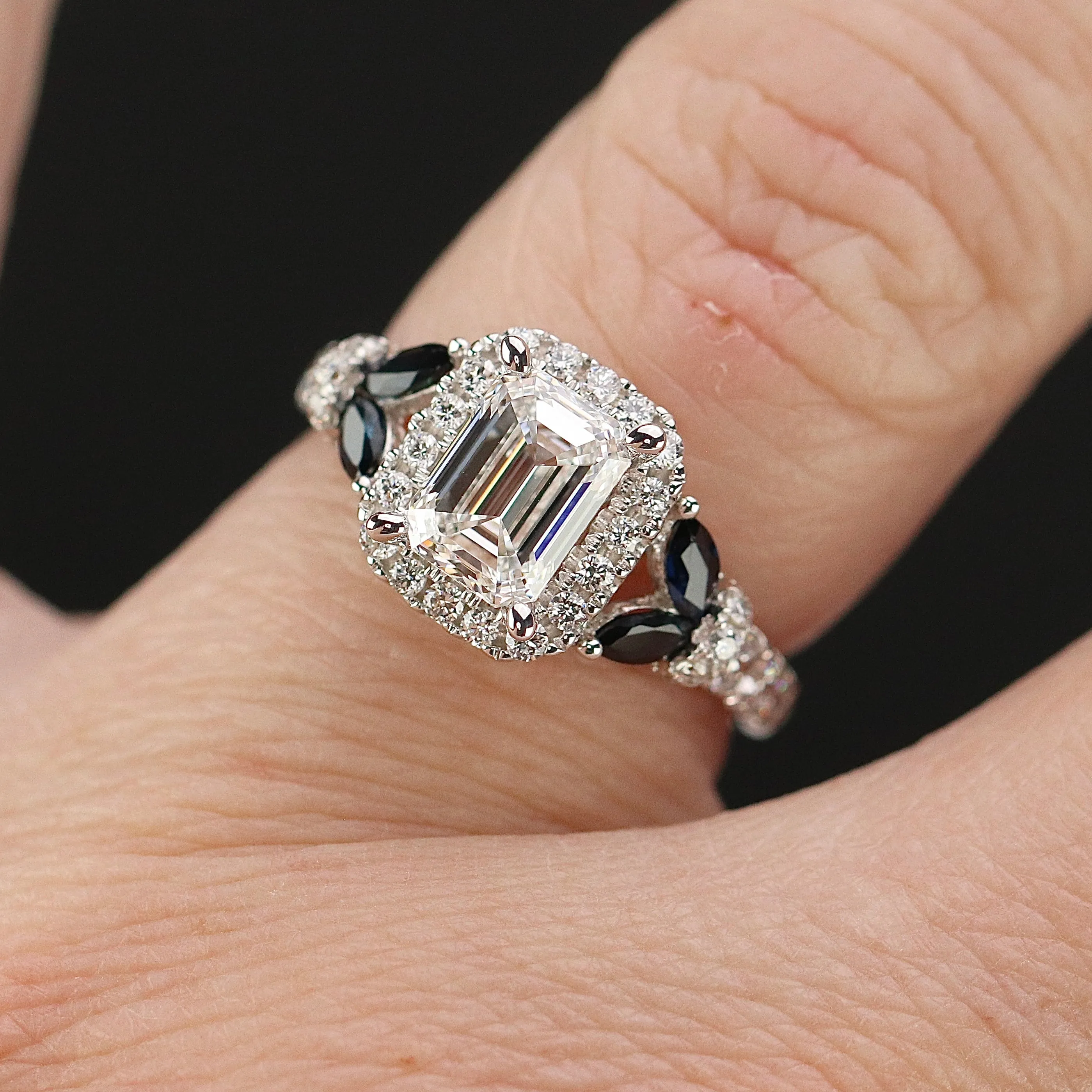 Vera Wang Designer Lab Grown emerald cut diamond ring in 14k white gold