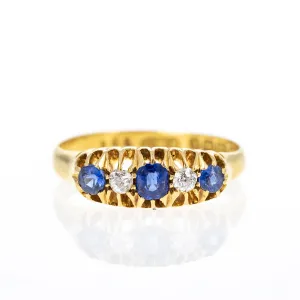 Victorian 18K Yellow Gold 0.35 Carat Sapphire Diamond Five Stone Ring