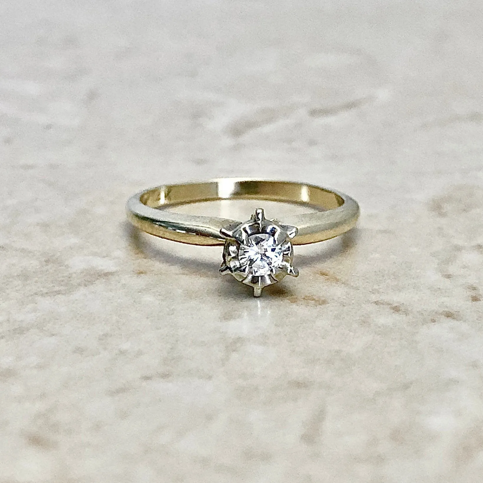 Vintage 14 Karat Yellow Gold Illusion Diamond Solitaire Engagement Ring