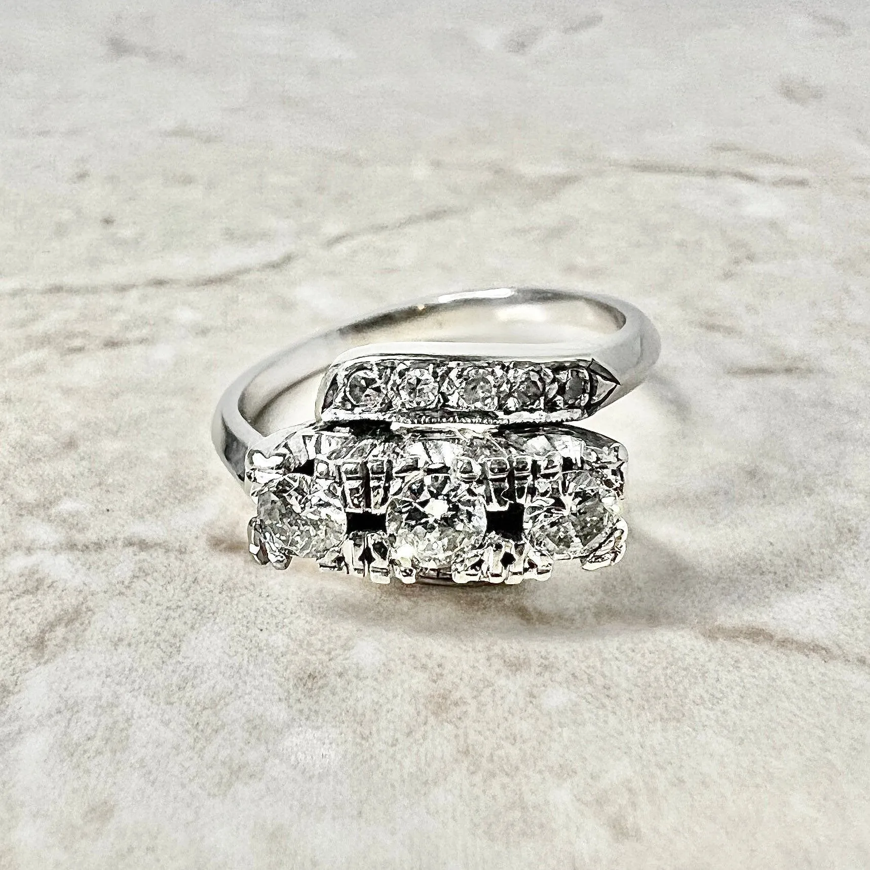 Vintage 1940’s 14 Karat White Gold 0.65 Carat Diamond Three-Stone Ring