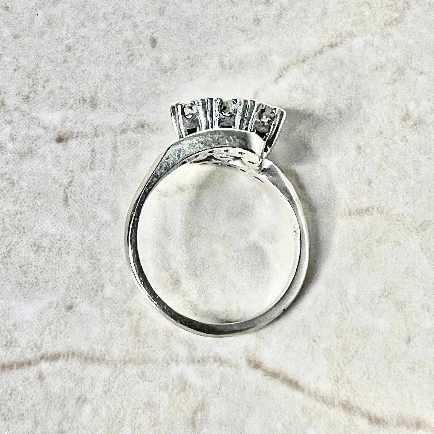Vintage 1940’s 14 Karat White Gold 0.65 Carat Diamond Three-Stone Ring