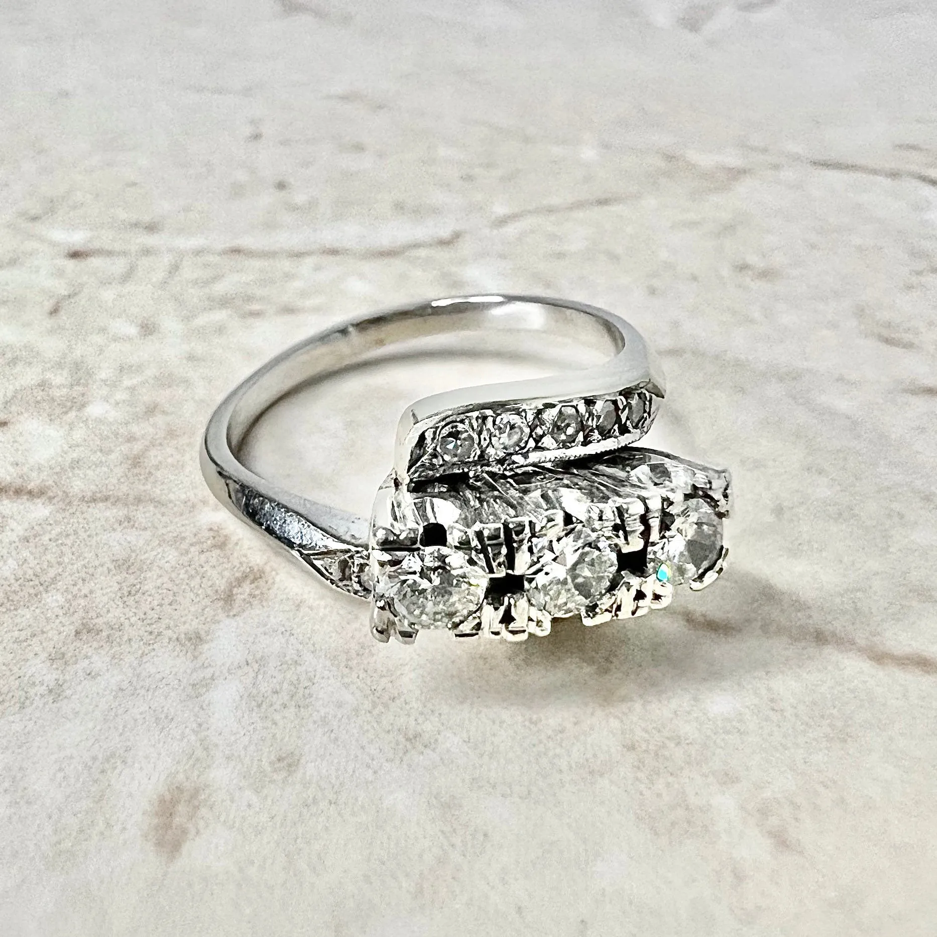 Vintage 1940’s 14 Karat White Gold 0.65 Carat Diamond Three-Stone Ring
