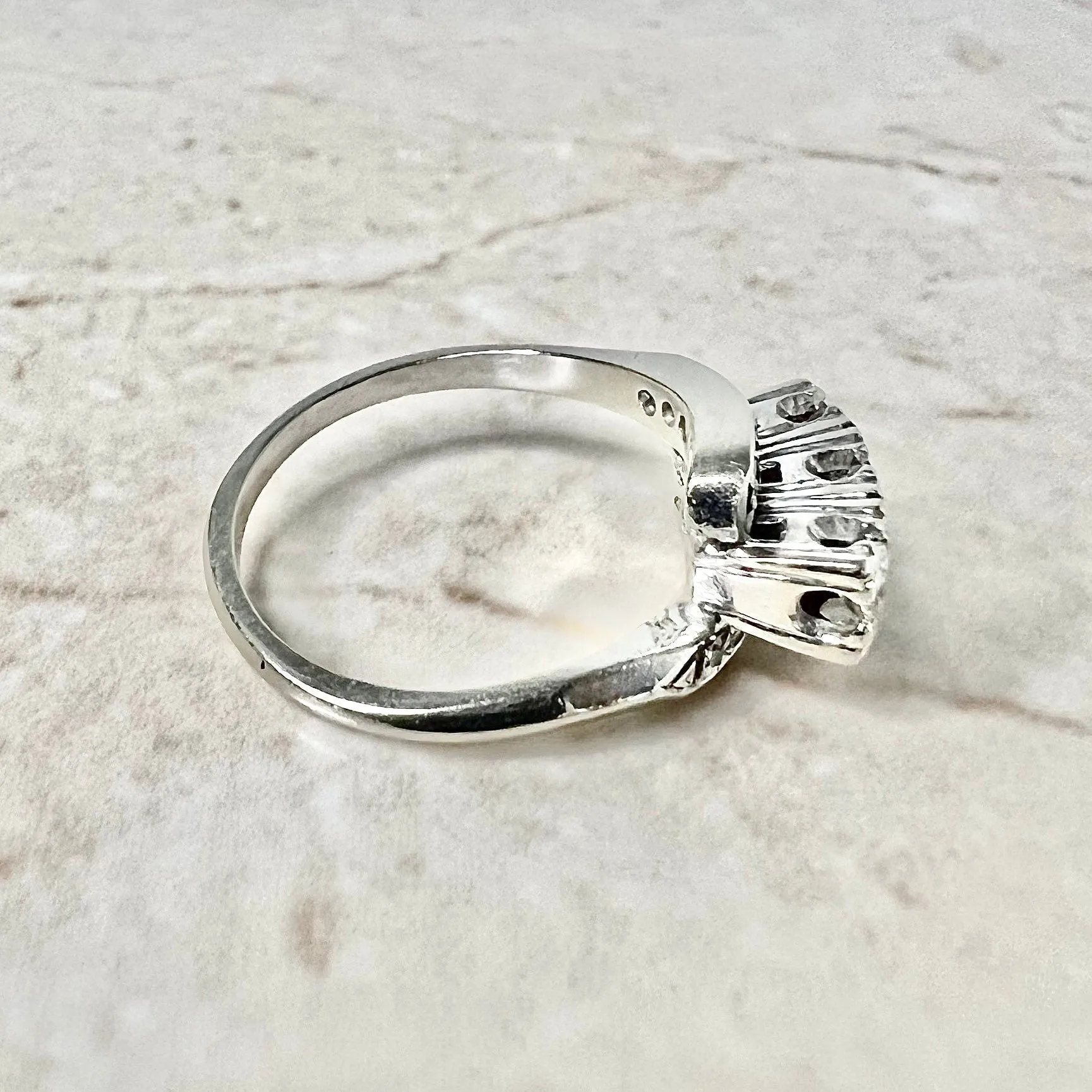 Vintage 1940’s 14 Karat White Gold 0.65 Carat Diamond Three-Stone Ring