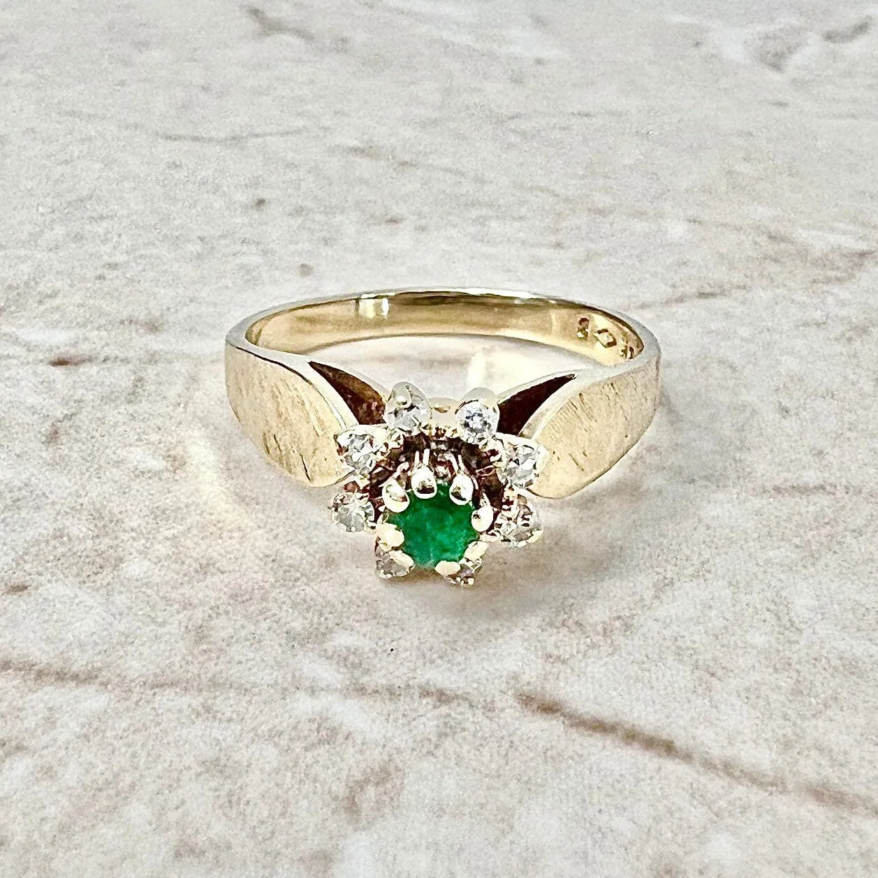 Vintage 1960’s 14 Karat Yellow Gold Natural Round Emerald & Diamond Halo Ring