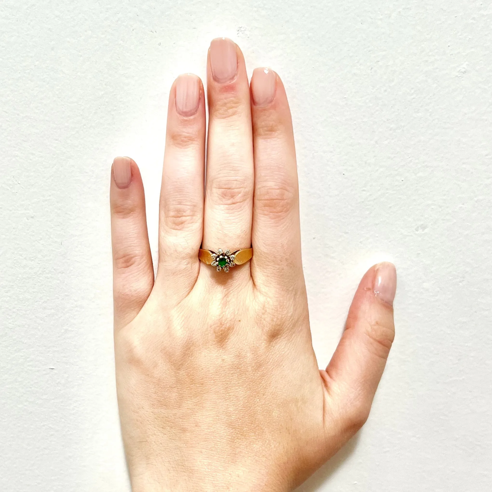 Vintage 1960’s 14 Karat Yellow Gold Natural Round Emerald & Diamond Halo Ring
