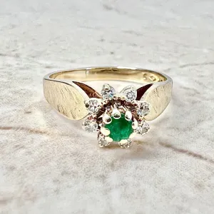 Vintage 1960’s 14 Karat Yellow Gold Natural Round Emerald & Diamond Halo Ring
