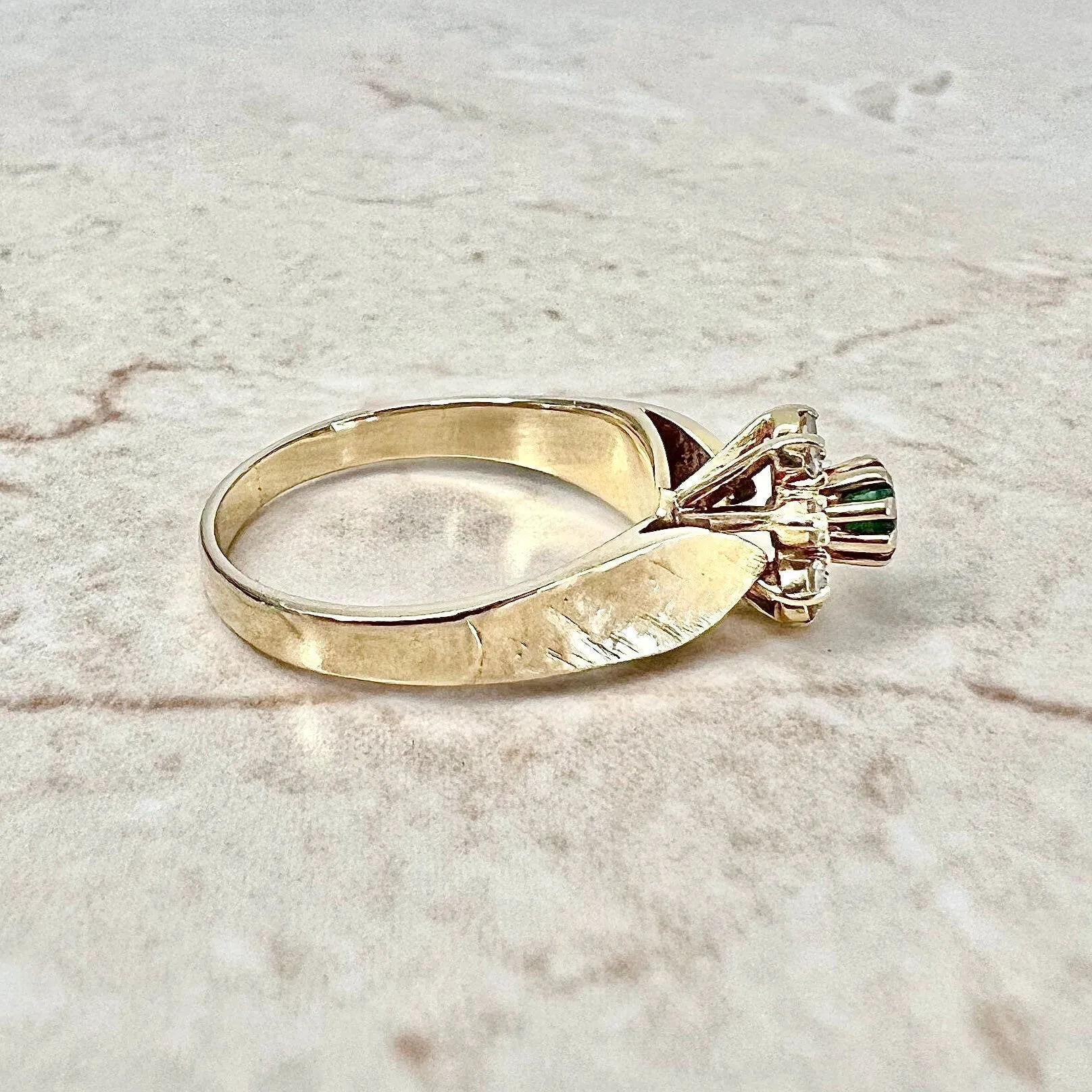 Vintage 1960’s 14 Karat Yellow Gold Natural Round Emerald & Diamond Halo Ring