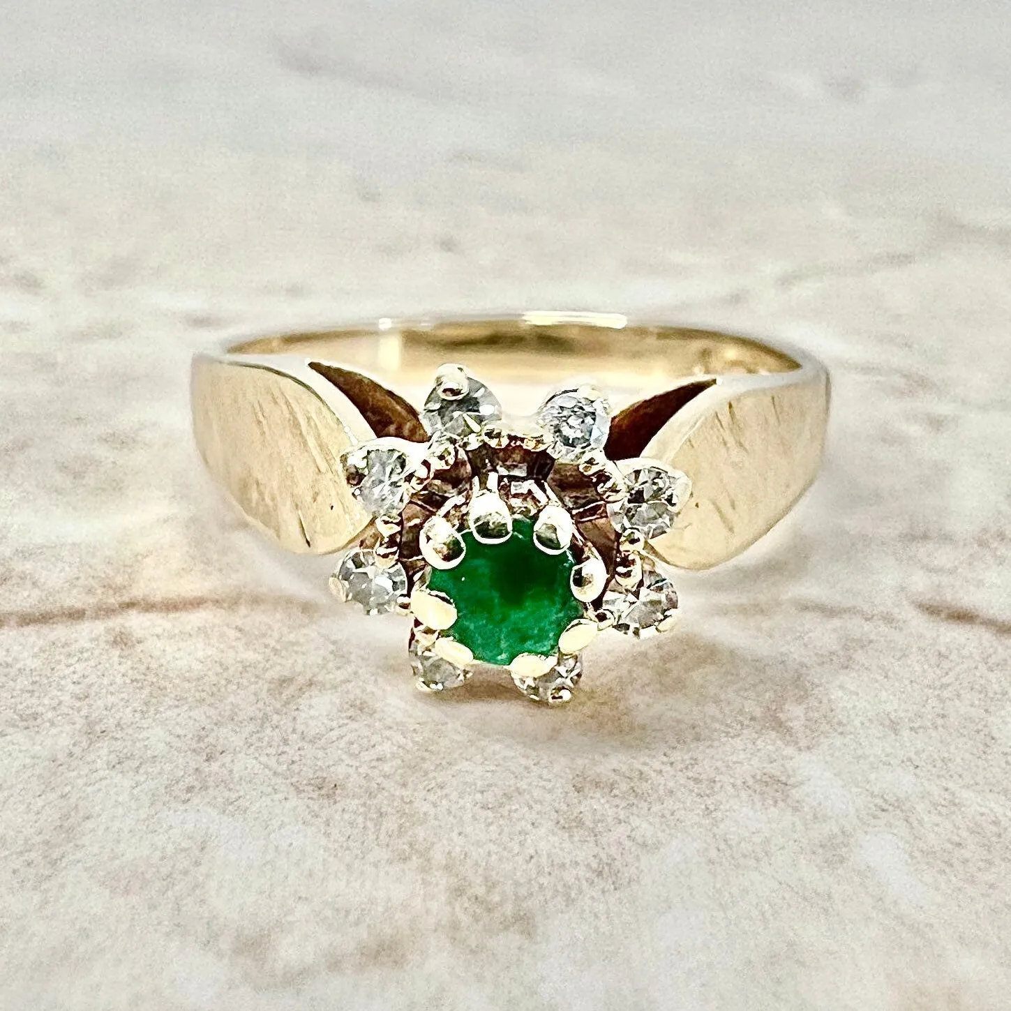 Vintage 1960’s 14 Karat Yellow Gold Natural Round Emerald & Diamond Halo Ring