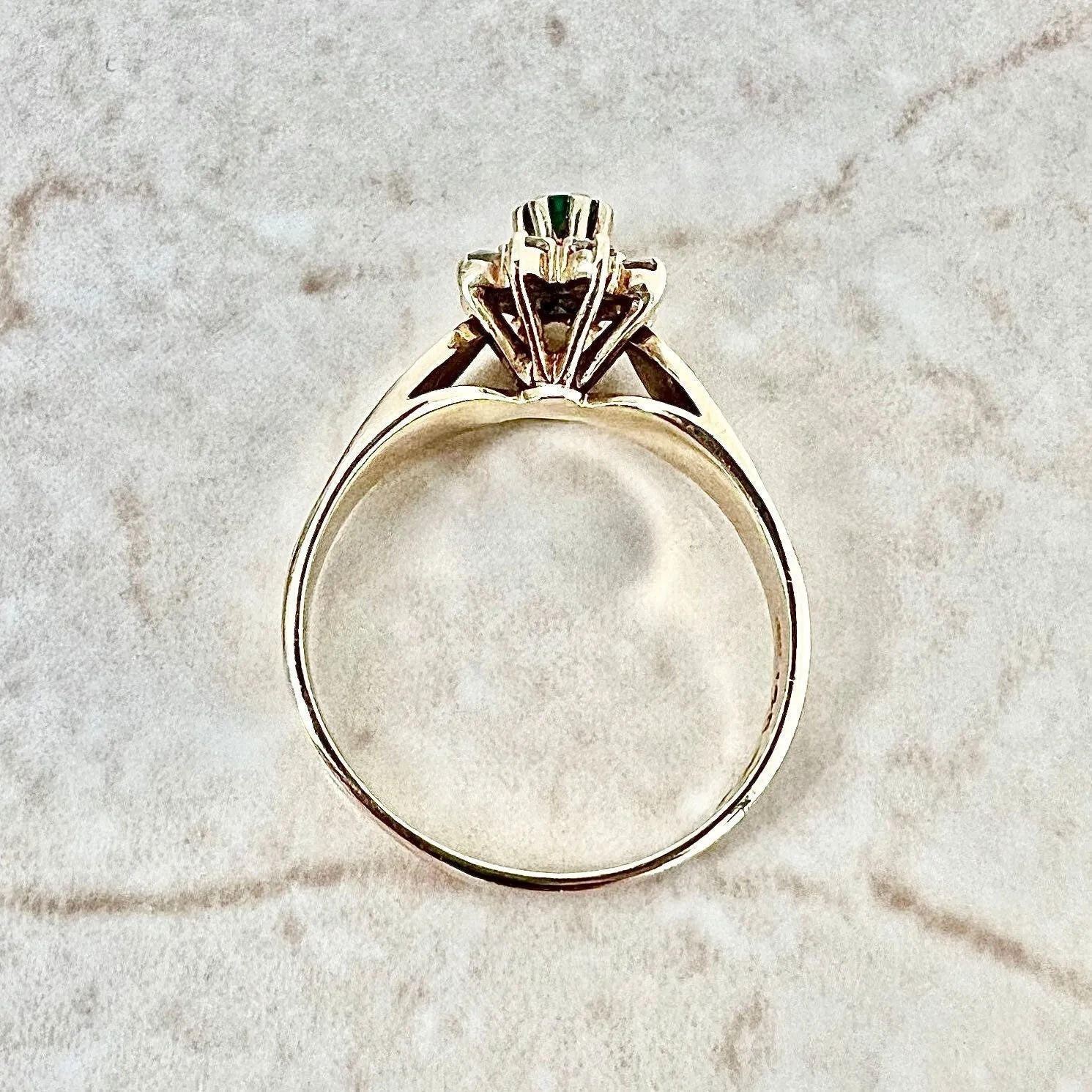 Vintage 1960’s 14 Karat Yellow Gold Natural Round Emerald & Diamond Halo Ring