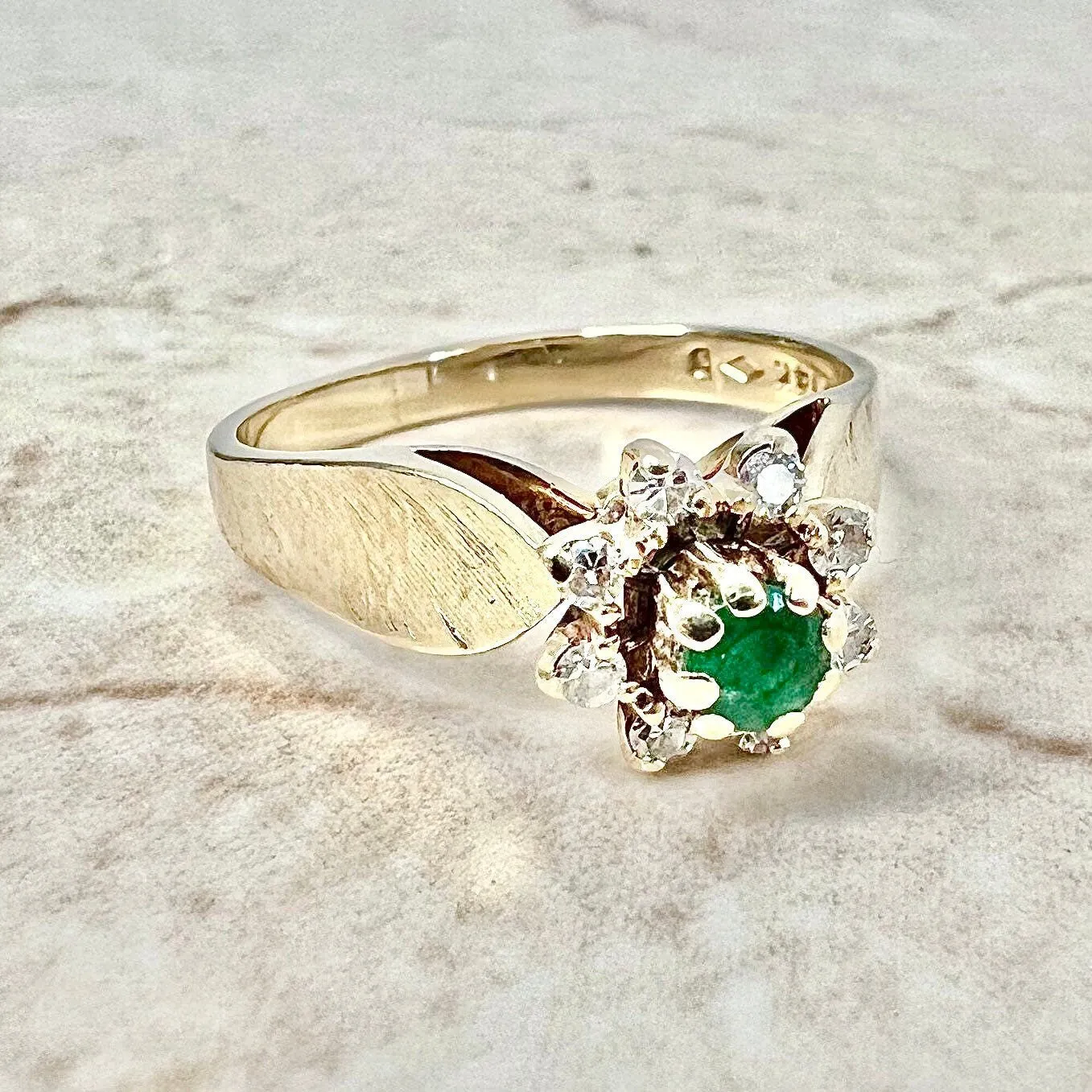Vintage 1960’s 14 Karat Yellow Gold Natural Round Emerald & Diamond Halo Ring