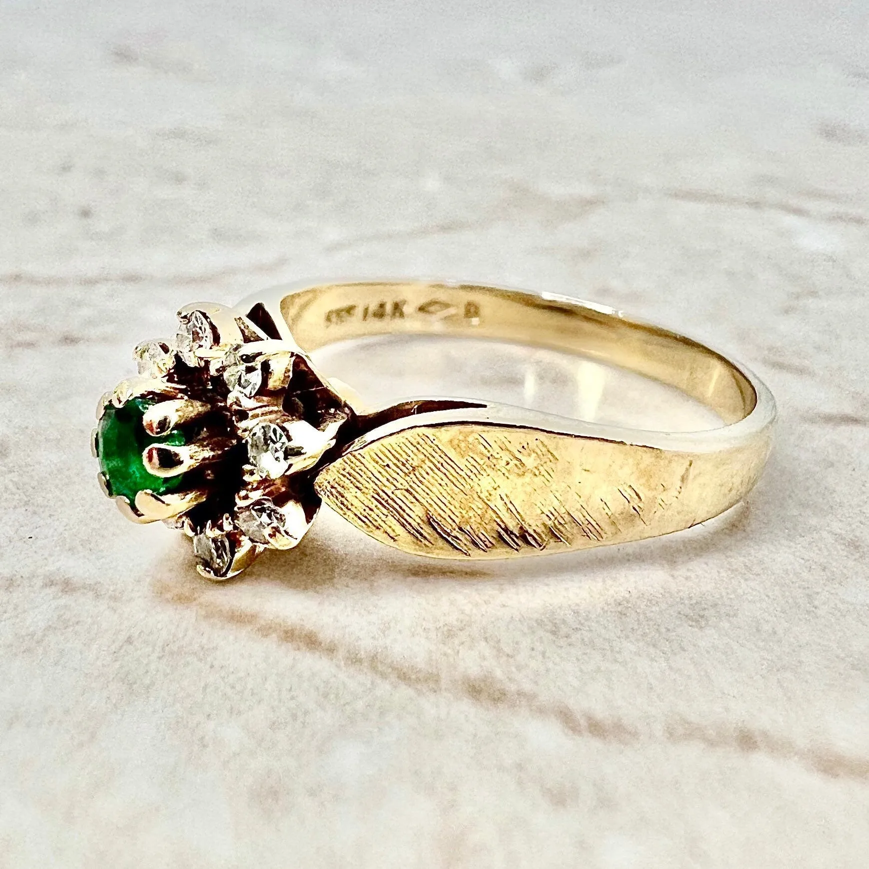 Vintage 1960’s 14 Karat Yellow Gold Natural Round Emerald & Diamond Halo Ring