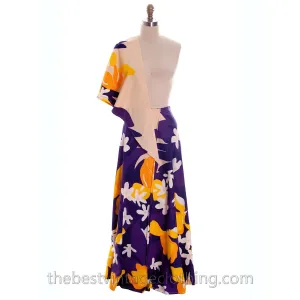 Vintage 70s Cotton Maxi Wrap Skirt & Scarf OO Rings Colorful Bold Print Small Purple Yellow