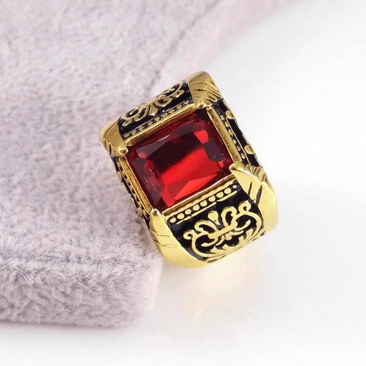 Vintage Antique Gold/Silver Plated Crystal Ring For Men Stainless Steel Big Square Stone Finger Ring Male Men Jewelry