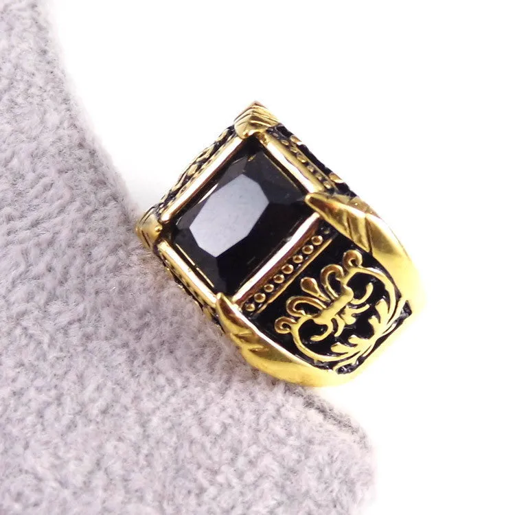 Vintage Antique Gold/Silver Plated Crystal Ring For Men Stainless Steel Big Square Stone Finger Ring Male Men Jewelry