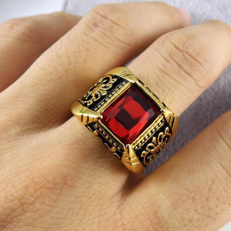 Vintage Antique Gold/Silver Plated Crystal Ring For Men Stainless Steel Big Square Stone Finger Ring Male Men Jewelry