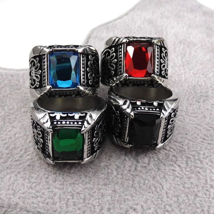 Vintage Antique Gold/Silver Plated Crystal Ring For Men Stainless Steel Big Square Stone Finger Ring Male Men Jewelry