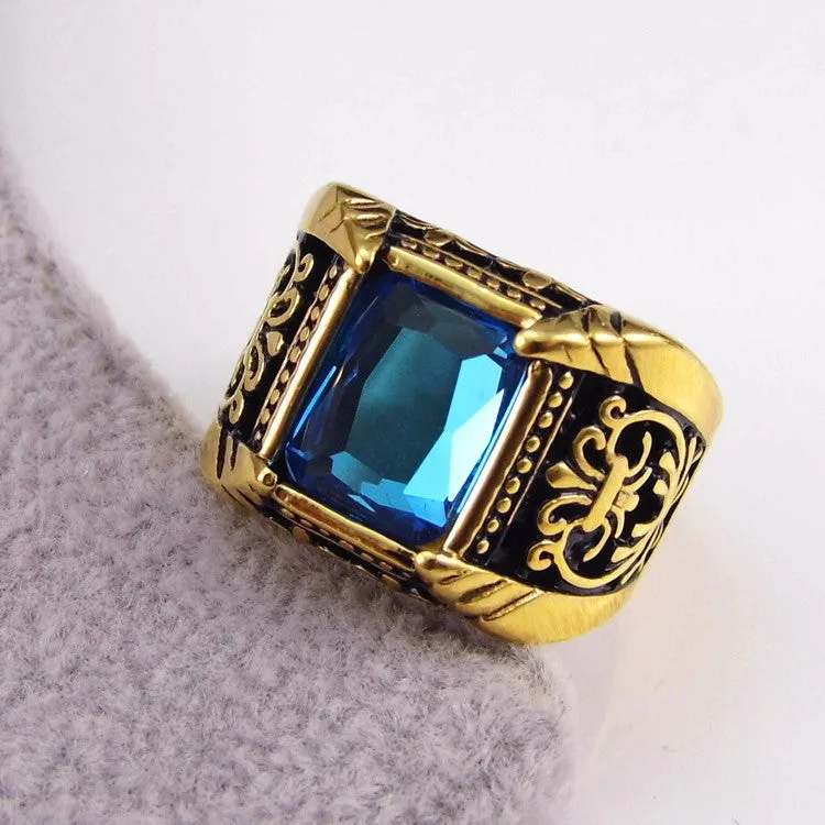 Vintage Antique Gold/Silver Plated Crystal Ring For Men Stainless Steel Big Square Stone Finger Ring Male Men Jewelry