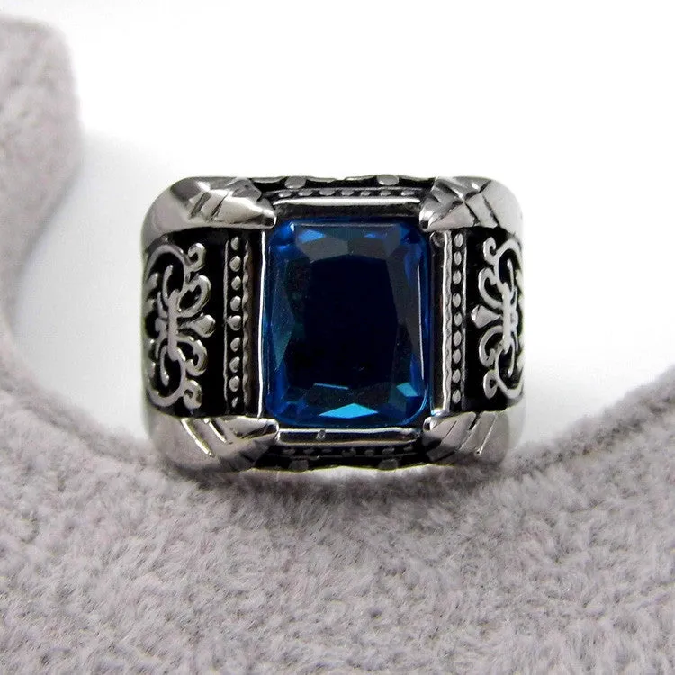 Vintage Antique Gold/Silver Plated Crystal Ring For Men Stainless Steel Big Square Stone Finger Ring Male Men Jewelry