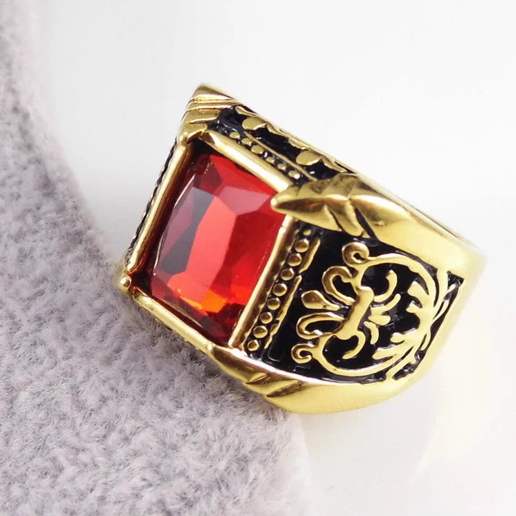 Vintage Antique Gold/Silver Plated Crystal Ring For Men Stainless Steel Big Square Stone Finger Ring Male Men Jewelry