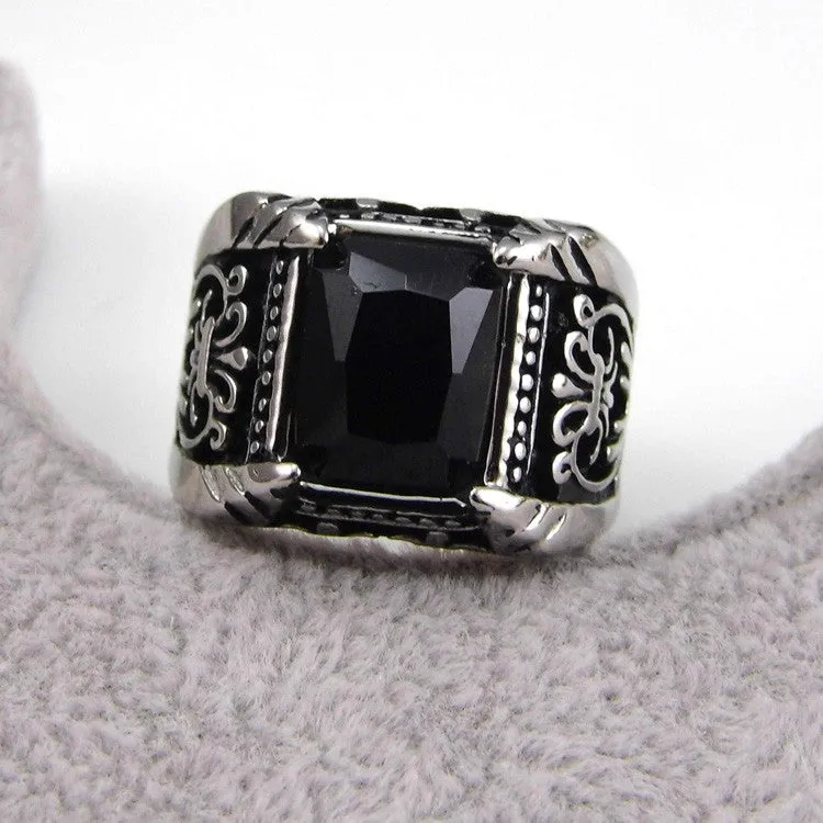 Vintage Antique Gold/Silver Plated Crystal Ring For Men Stainless Steel Big Square Stone Finger Ring Male Men Jewelry