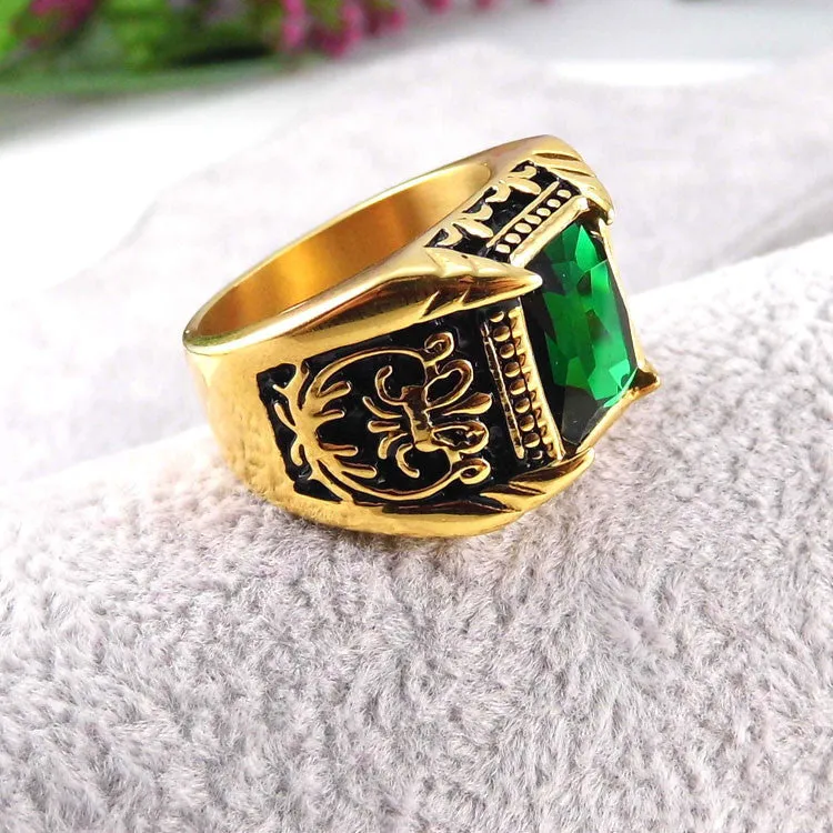 Vintage Antique Gold/Silver Plated Crystal Ring For Men Stainless Steel Big Square Stone Finger Ring Male Men Jewelry