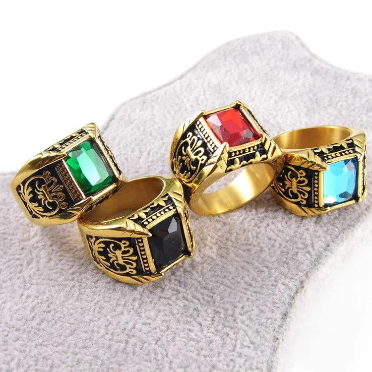 Vintage Antique Gold/Silver Plated Crystal Ring For Men Stainless Steel Big Square Stone Finger Ring Male Men Jewelry