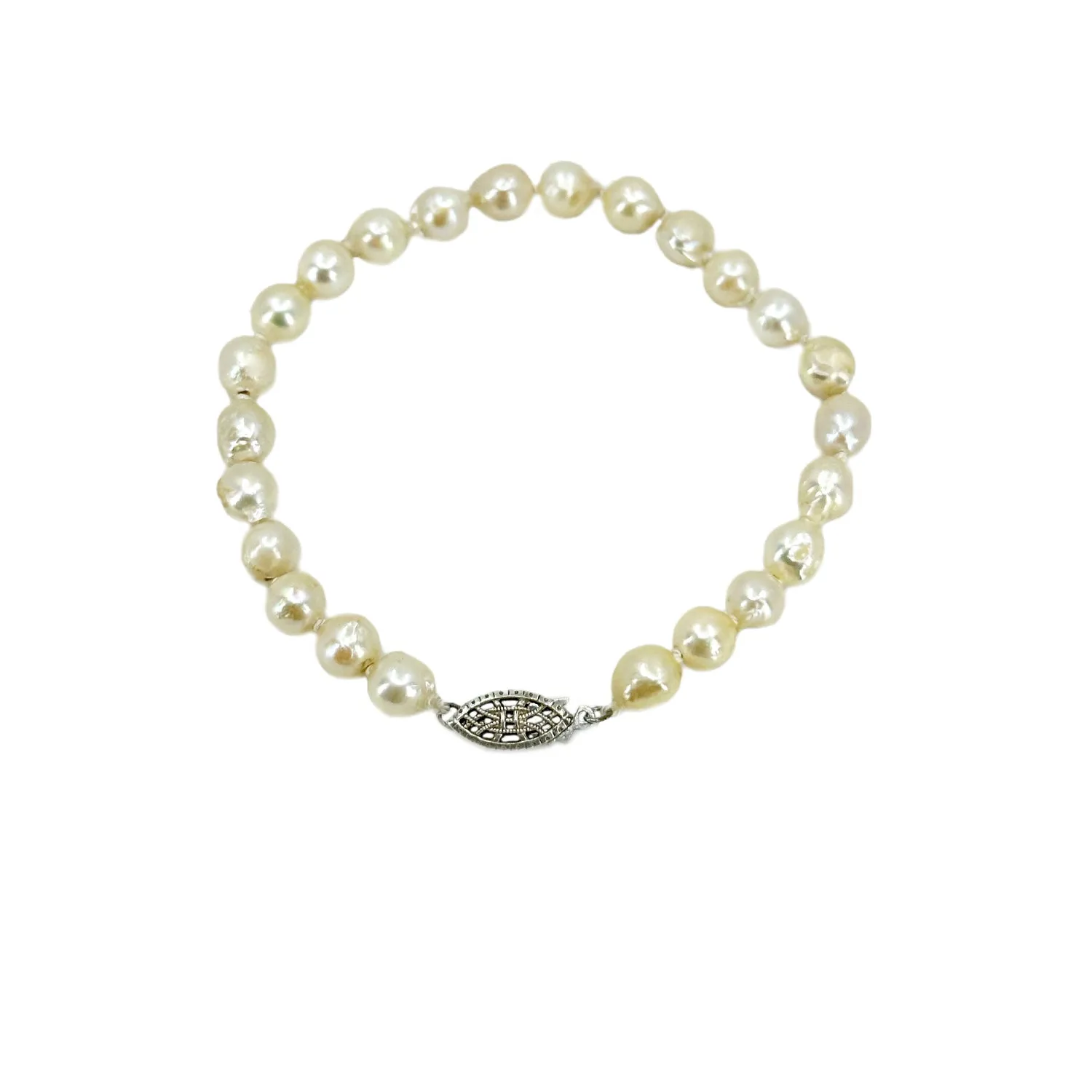 Vintage Baroque Filigree Japanese Saltwater Akoya Cultured Pearl Bracelet- Sterling Silver