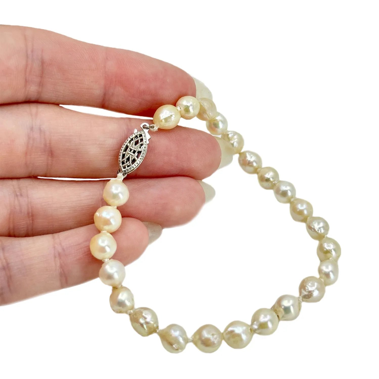 Vintage Baroque Filigree Japanese Saltwater Akoya Cultured Pearl Bracelet- Sterling Silver
