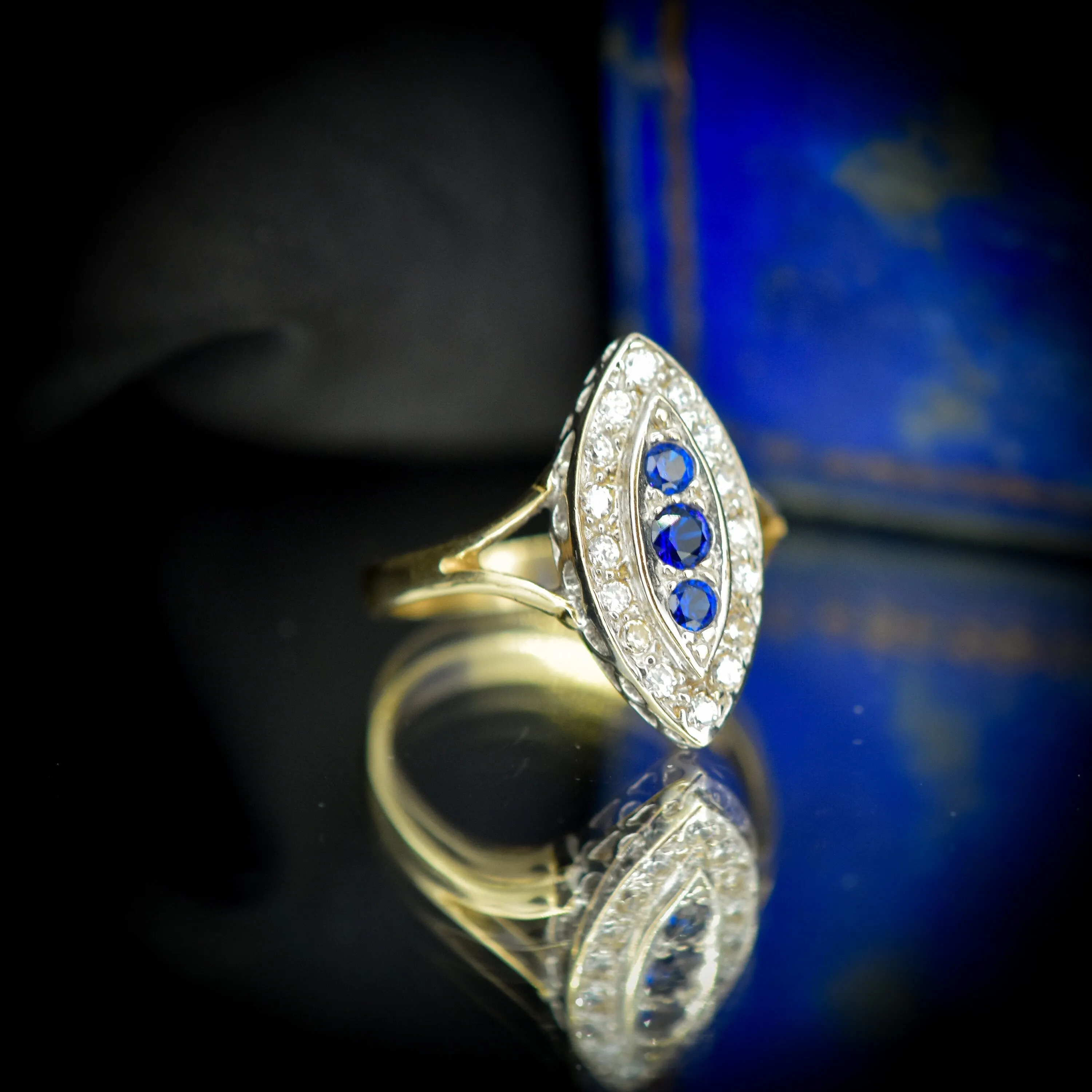 Vintage Blue Spinel Navette Cluster Gold Ring